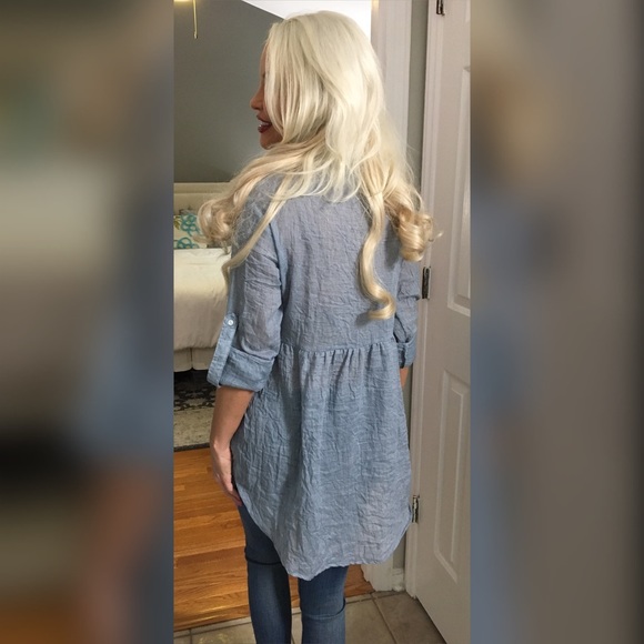 LAST 1! ๐Denim color sheer lace detail long tunic - Picture 2 of 2